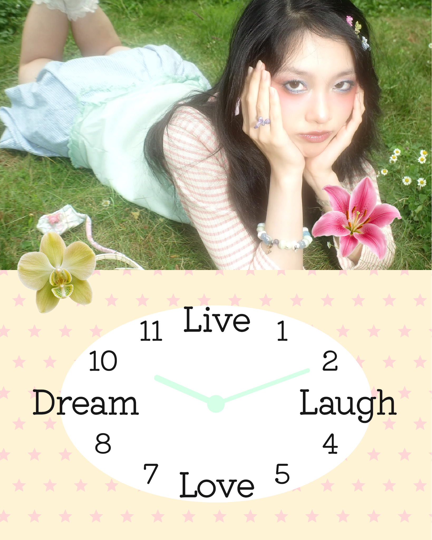 人物写真と大きな時計を組み合わせたコラージュ